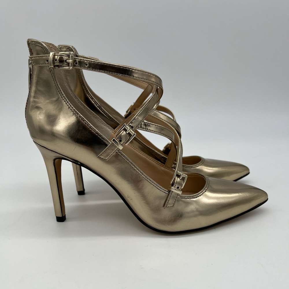 Metallic Gold Strappy Pointed-Toe Stiletto Heels